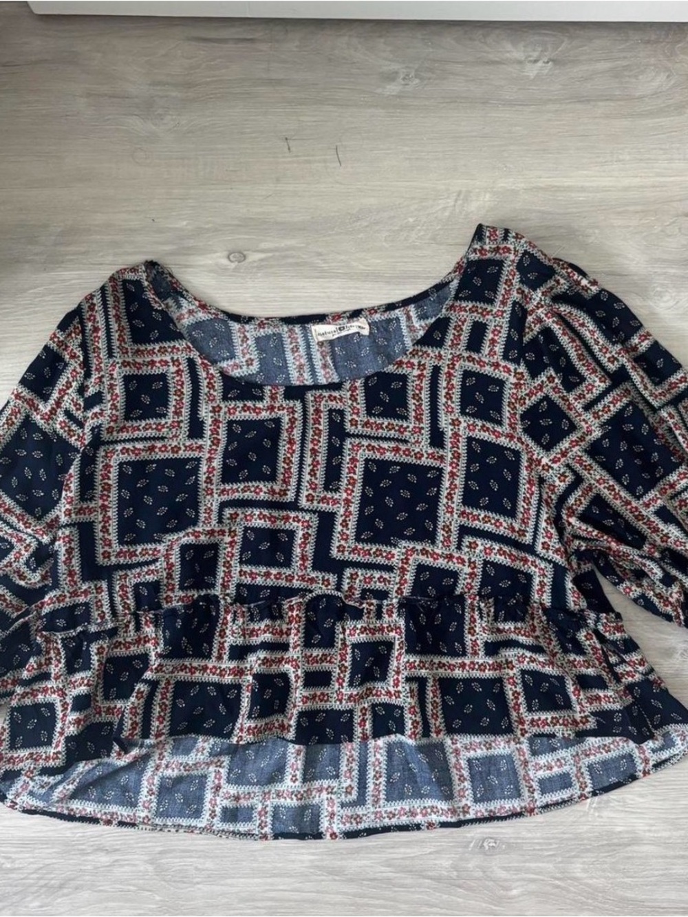 NATURAL LIFE Navy Red Cream Patterned Peplum Blouse L